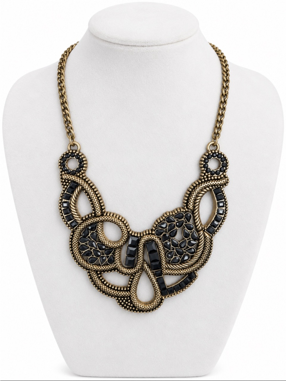 Vintage 1990s Brass Finish 85 Crystal Bib Necklace 20”+3” Ext